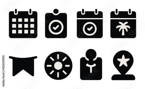 Event and planning silhouette icons – solid style for calendar, schedule, and organization: date, planner, deadline, palm tree, sun, location marker, banner, event holder
