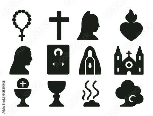 Christianity silhouette icon set – solid style faith, religion, and worship symbols for spiritual projects: crucifix, chalice, church, rosary, sacred heart, virgin mary, prayer.