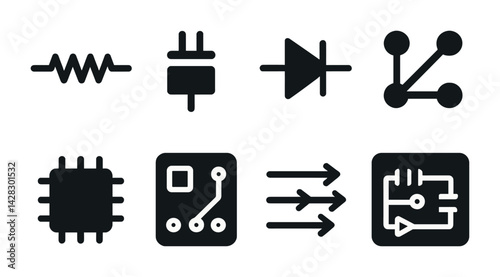 Electronics and circuitry solid icons set – filled style components, technology, and engineering symbols for tech projects: resistor, plug, diode, circuit, microchip, connection, arrows, pathway.