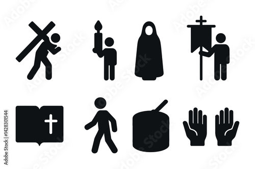 Christian symbols silhouette icons set – faith and worship silhouette icons for religious events: cross, candle, virgin mary, banner, bible, pilgrim, chalice, praying hands.