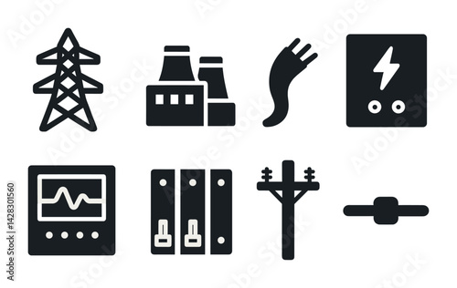 Electricity infrastructure solid icon set – filled style energy symbols for power management: transmission tower, power plant, electric plug, voltage meter, substation, circuit breaker, control panel