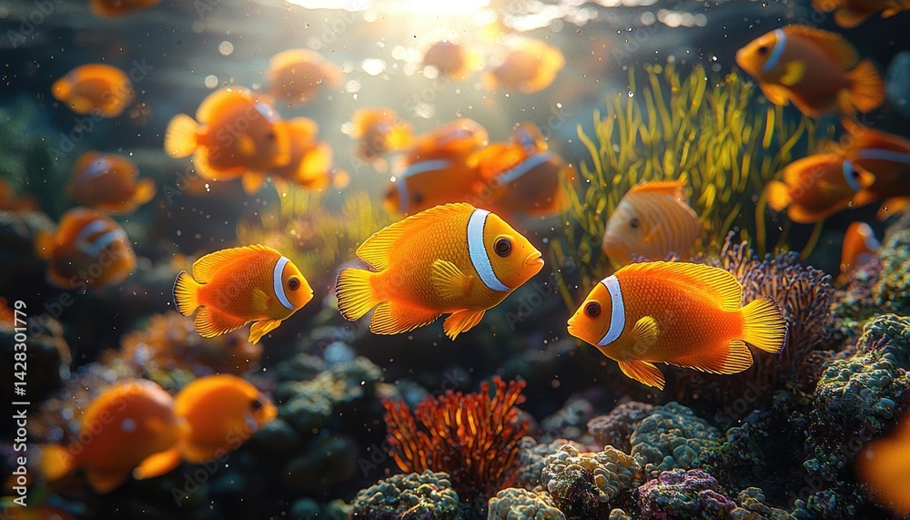 Naklejka premium Bright orange and white fish swimming in the coral reef waters