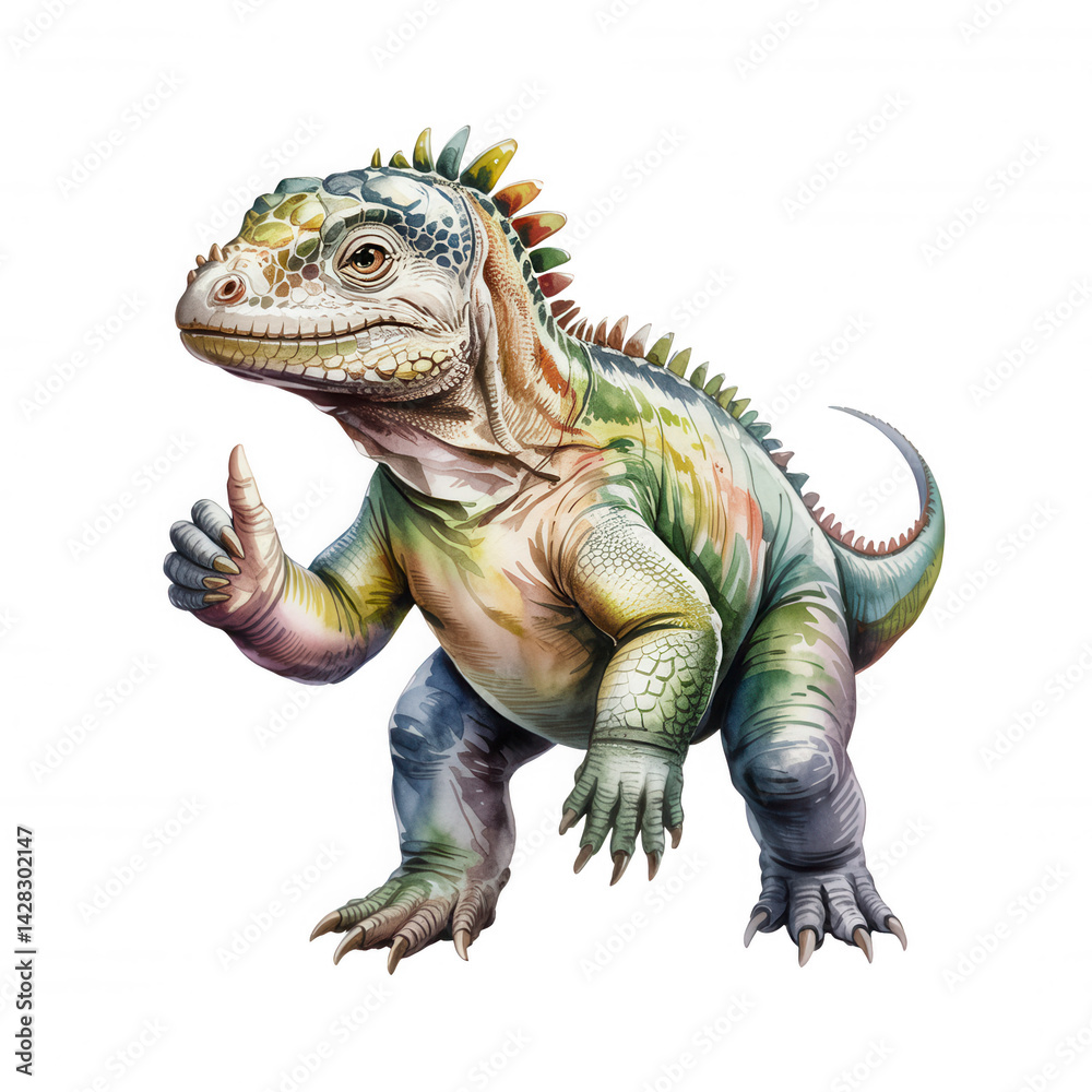Colorful fictional dinosaur character with vibrant scales and friendly pose in a mythical setting Colorful fictional dinosaur character with vibrant scales and friendly pose in a mythical setting