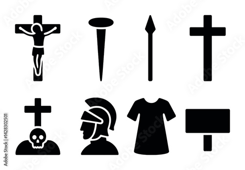 Christian worship silhouette icons set – solid style faith, religion, and spirituality symbols: crucifixion, cross, nail, spear, helmet, robe, sign.