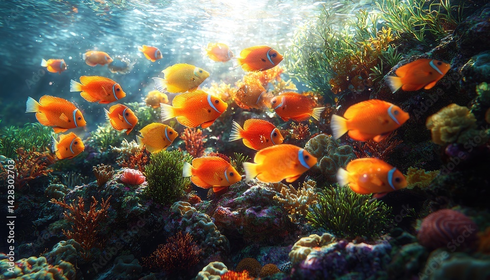 Fototapeta premium Vibrant orange and yellow fish swim among the coral reef