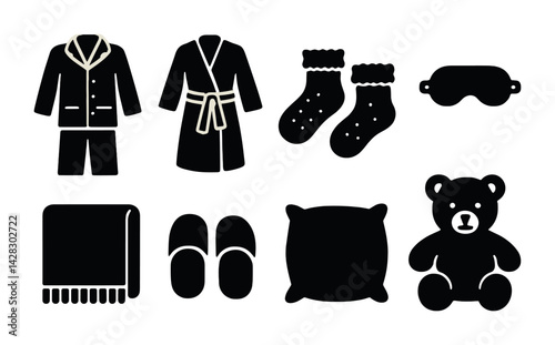 Cozy bedroom silhouette icons set – filled style comfort, relaxation, and sleep symbols for interior design: pajamas, robe, socks, eyemask, blanket, slippers, pillow, teddy bear.