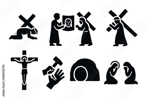 Religious and easter silhouette icons set – solid style spiritual, holy, and biblical symbols: cross, jesus, prayer, crucifixion, tomb, way of the cross, veronica's veil.