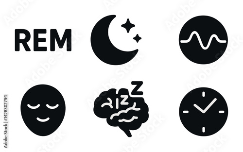 Sleep and dream icons set – solid style for rem, nighttime, and rest themes: moon, brain with z's, closed eyes, rem letters, sleep cycle wave, clock.