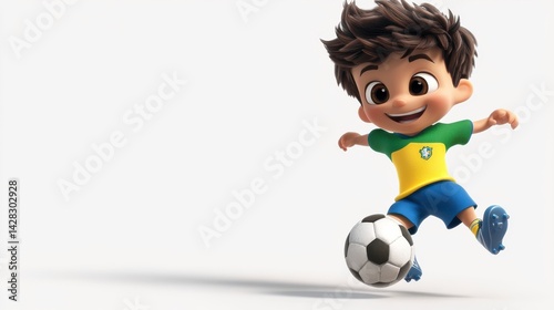 Joyful Cartoon Boy Kicking Soccer Ball on White Background