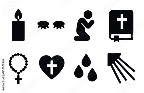 Christianity silhouette icons set – solid style religion, faith, and worship symbols: candle, communion, prayer, bible, rosary, heart, baptism, rays
