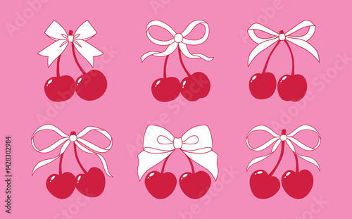 Coquette red cherry with white gift bows. Vector Illustration of white girly vintage bows and scarlet tasty cherries. Cute trendy food art. Pretty ribbons set. Trendy girls decoration. Maroon berries