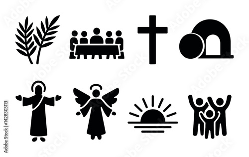 Easter silhouette icons set – solid style holy week, resurrection, and religious symbolism for spiritual celebrations: palm branch, last supper, cross, resurrection, angel, rising sun