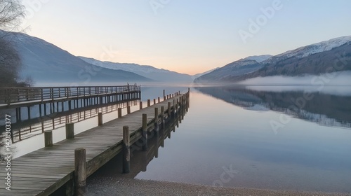Wallpaper Mural Serene lake view with a wooden pier and misty mountains at dawn. Torontodigital.ca