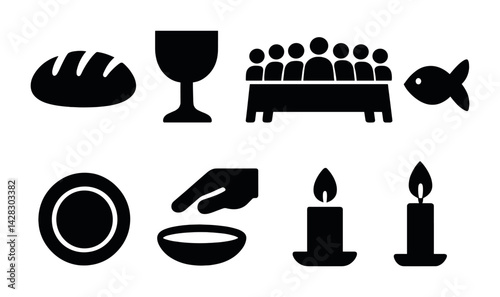 Religious communion silhouette icon set – solid style faith symbols for spiritual gatherings: bread, cup, last supper, fish, plate, hand, candles.