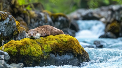 Otter relaxing with eyes closed on rock