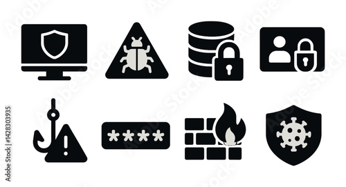 Cybersecurity icon set – solid style for online safety, network protection, and data security: shield, bug, database, lock, phishing, password, firewall, virus.