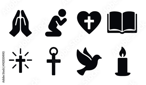 Religious symbols silhouette icons set – solid style faith, spirituality, and worship symbols for sacred designs: praying hands, kneeling figure, cross heart, open bible, radiant cross, ankh, dove,