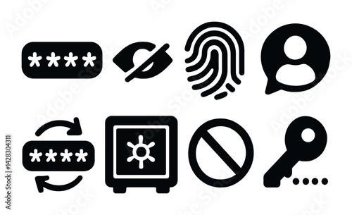 Cybersecurity solid icons set – silhouette style for online safety, data protection, and secure communication: password, fingerprint, user, refresh, safe, forbidden, key