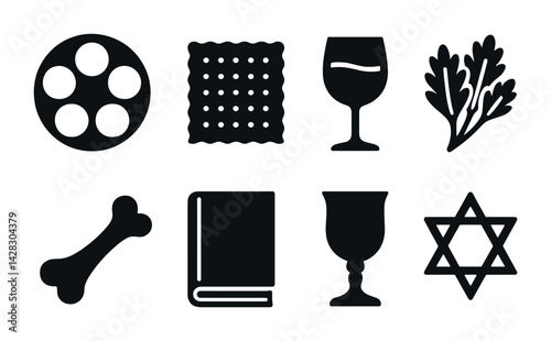 Jewish cultural solid icons set - silhouette style: tradition, heritage, and faith elements for education and design: torah, menorah, star of david, wine, bread, bone, leaf, film reel.
