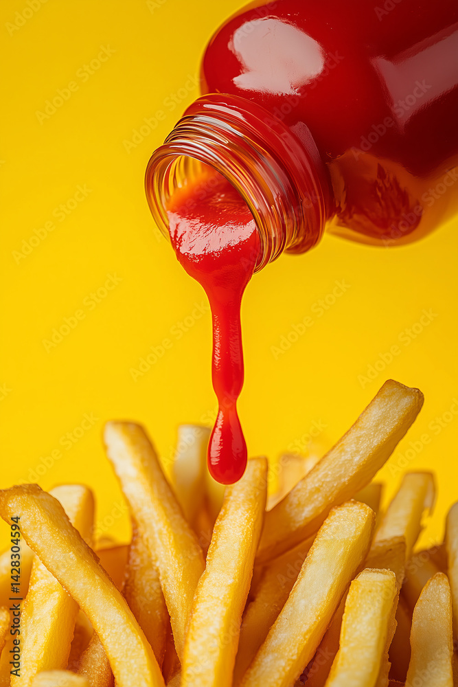 Red ketchup dripping on fried french fries close up detail against vibrant yellow background. Junk fast food concept. Commercial photography.