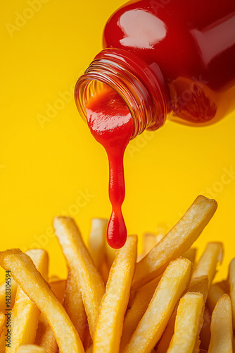 Obraz na płótnie Red ketchup dripping on fried french fries close up detail against vibrant yellow background. Junk fast food concept. Commercial photography. w salonie