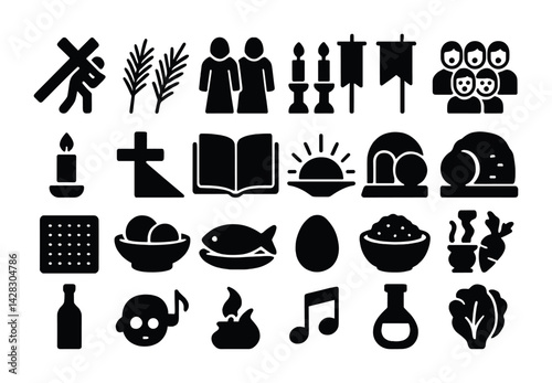 Religious symbols icon set - filled style faith, worship, and tradition graphics for church projects: cross, bible, candle, fish, sunrise, loaf, chalice, music note.