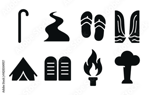 Camping and outdoor activities silhouette icon set – solid style for adventure, hiking, and nature enthusiasts: walking stick, trail, sandals, tent, campfire, boots