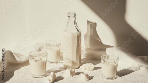 A serene arrangement of milk in a bottle and glasses on a minimalist background.