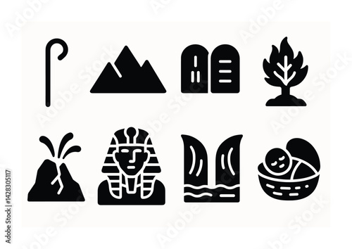 Ancient egypt solid icons set – filled style history, mythology, and culture symbols for educational design: pyramid, pharaoh, sphinx, hieroglyph, papyrus, ankh, scarab, eye of horus.