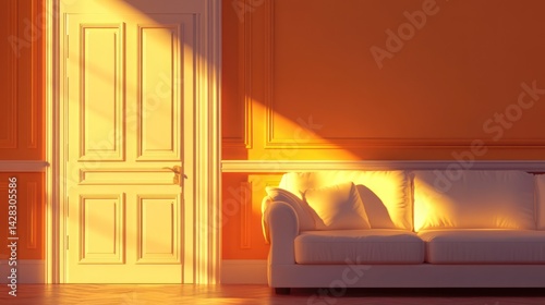A sunlit room featuring a white couch and an elegant door, creating a warm atmosphere.