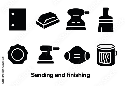 Woodworking sanding and finishing icon set – solid silhouette style for crafting, carpentry, and diy projects: sandpaper, sander, brush, buffer, mask, varnish.