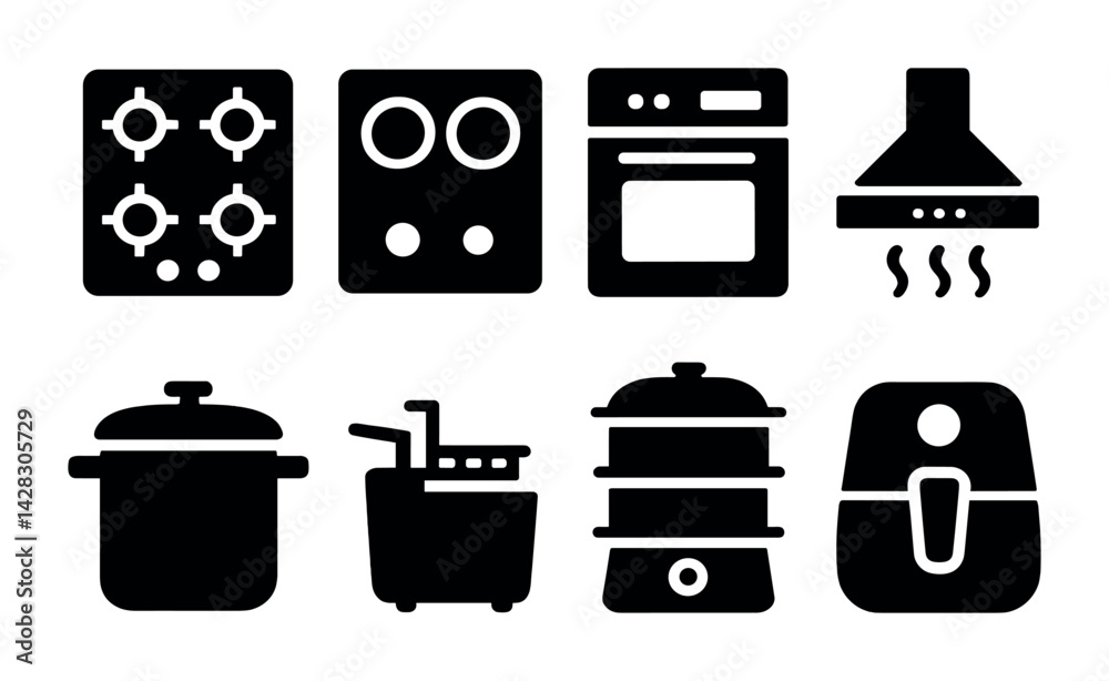 Kitchen appliances silhouette icon set - solid style cooking, home, and culinary tools for household essentials: stove burner, oven, range hood, air fryer, steamer, crockpot.