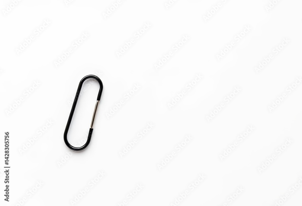 A single black paperclip rests on a pristine white background, backdrop, photography A single black paperclip rests on a pristine white background, backdrop, photography