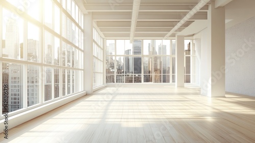 A spacious, sunlit interior with city views, ideal for office or residential use.