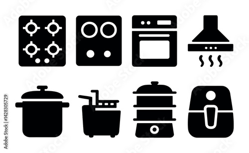 Obraz na płótnie Kitchen appliances silhouette icon set - solid style cooking, home, and culinary tools for household essentials: stove burner, oven, range hood, air fryer, steamer, crockpot. w salonie