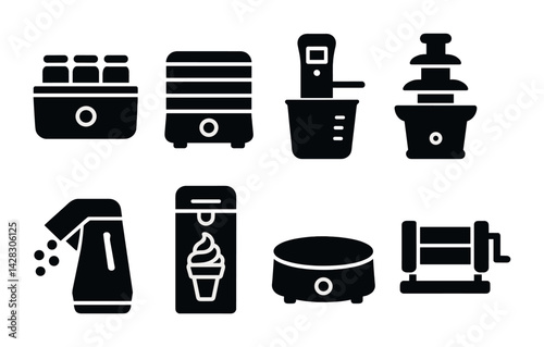 Kitchen appliance silhouette icons set – solid style cooking, baking, and food prep symbols for culinary design: air fryer, dehydrator, ice cream maker, fondue pot.