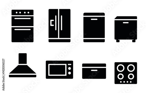 Kitchen appliance solid icons set – silhouette style for modern decor and design inspiration: oven, fridge, dishwasher, cabinet, hood, microwave, drawer, stove.