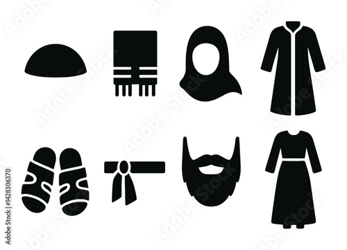Traditional islamic clothing solid icons set – silhouette style for cultural heritage, fashion, and apparel: kufi, keffiyeh, hijab, thobe, sandals, turban, beard, abaya.