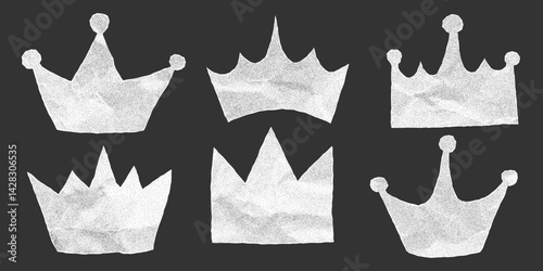 Set of crumpled paper crown silhouettes on dark background. Sticker notebook sheet with jagged torn edges, dotted gritty texture, royalty halftone element.