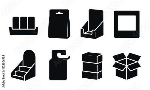 Retail packaging silhouette icon set – solid style merchandising and branding symbols for product display: box, bag, hanger, stand, tray, open box, parcel
