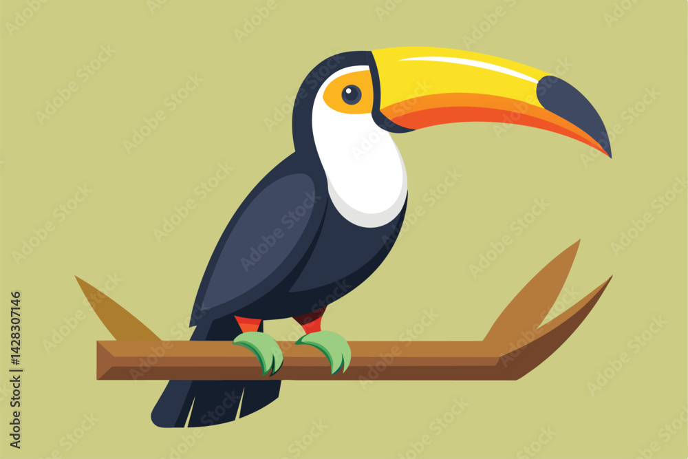 Fototapeta premium illustration of a toucan perched on a wooden branch.