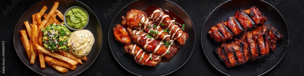 Delicious mixed platter of grilled meats, crispy fries, barbecue chicken wings, and flavorful sauces on dark background for culinary delights Delicious mixed platter of grilled meats, crispy fries, barbecue chicken wings, and flavorful sauces on dark background for culinary delights
