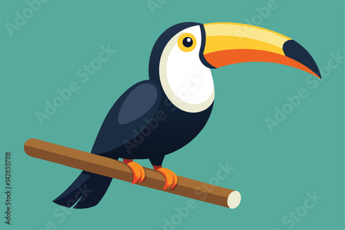 illustration of a toucan perched on a wooden branch.