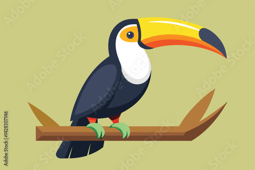 illustration of a toucan perched on a wooden branch.