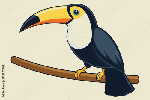 illustration of a toucan perched on a wooden branch.