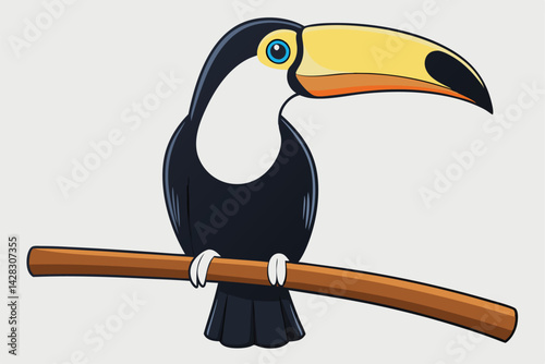 illustration of a toucan perched on a wooden branch.