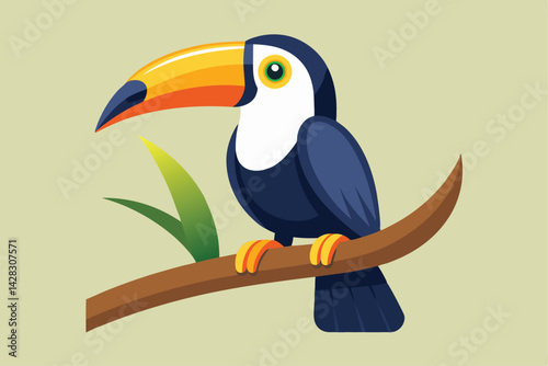 illustration of a toucan perched on a wooden branch.