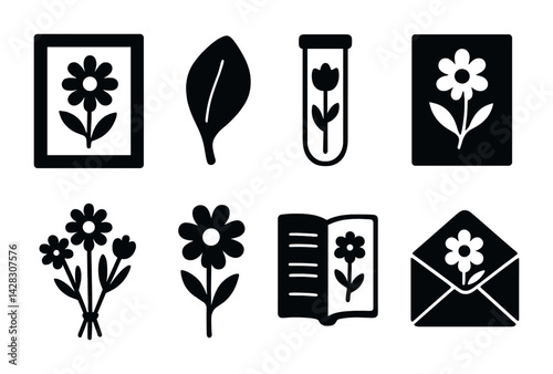 Floral and botanical solid icons set – filled style nature, plant, and garden symbols for eco-friendly projects: flower frame, leaf, test tube, bouquet, book, envelope.
