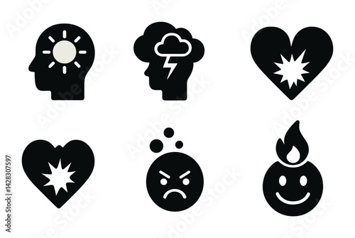 Mental health and emotion icons – solid style wellness, psychology, therapy symbols: mindfulness, stress, love, empathy, anger, positivity, mood.