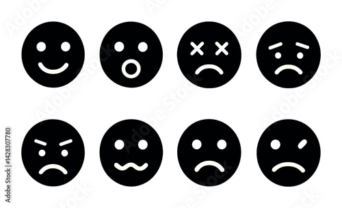 Emotional expression icon set – solid style emoticons and mood symbols for digital communication: happy, surprised, sad, angry, confused, worried, playful, thoughtful.